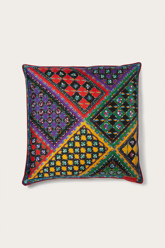 Patchwork-Print Large Silk-Twill Cushion