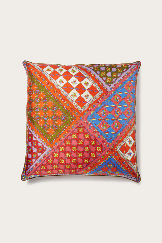 Patchwork-Print Large Silk-Twill Cushion