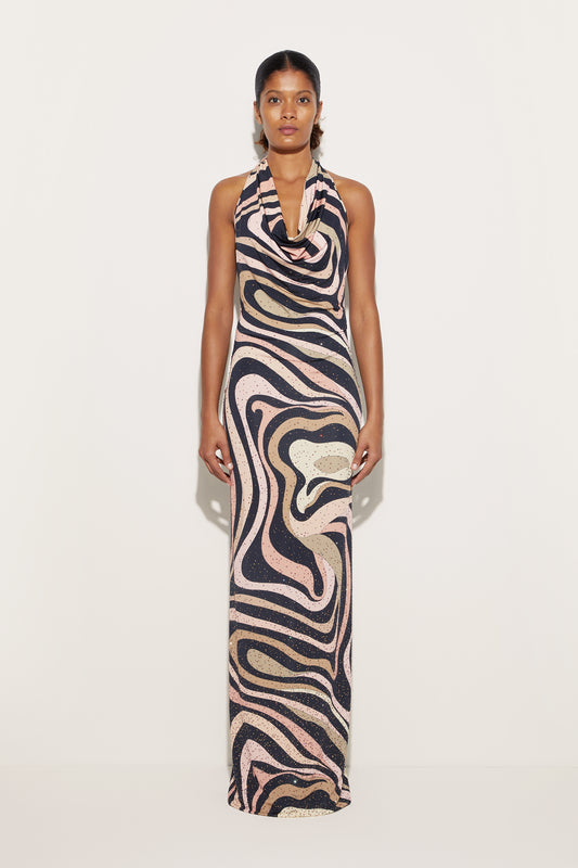 Marmo Print Embellished Long Dress